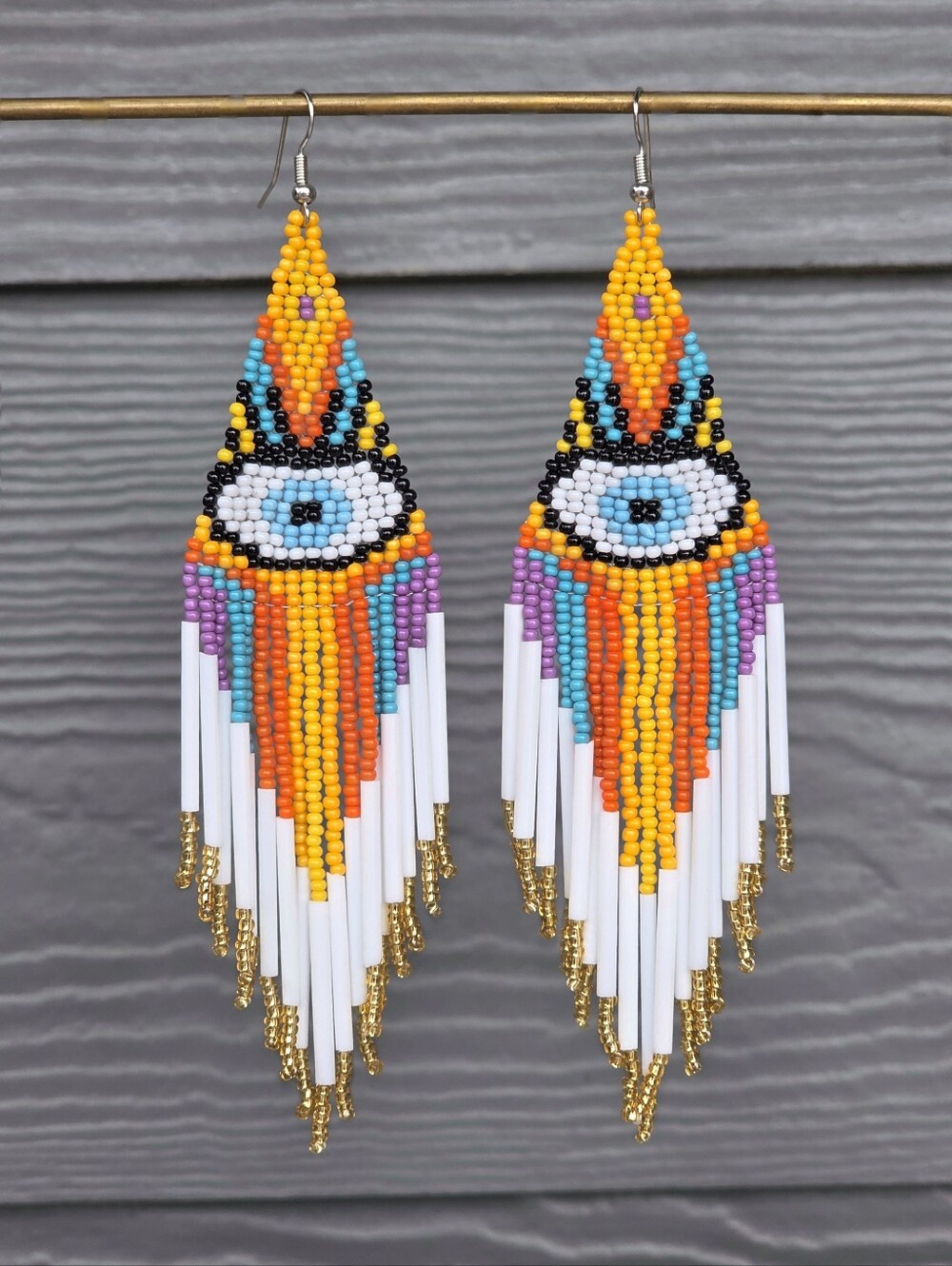 Evil Eye Beaded Earrings Boho Fringe Handmade Jewelry White - Picture 3 of 3